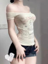 BXOXO Vintage Sexy T Shirt Off Shoulder Short Sleeve Slim Crop Tops Printed Slim Y2k Harajuku Summer Fashion Tee Shirt